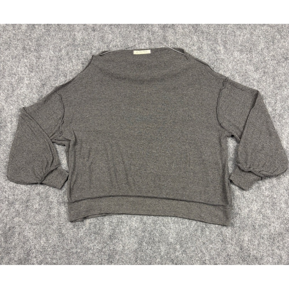 Free People We The Free Gray Ribbed Thermal Boat Neck Top XS Balloon Sleeve